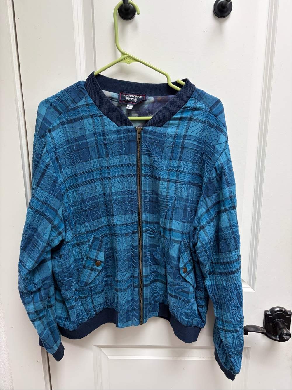 Johnny Was Multi-Blue Textured Bomber Jacket